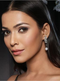 Priyaasi - Leaf American Diamond Pearl Drop Silver-Plated Earrings