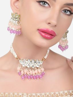 Zaveri Pearls - Peach Purple Beads Multistrand Choker Necklace & Earring Set-ZPFK15620