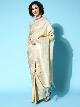 Odette - Silk Blend Cream Woven Design Saree with Unstitched Blouse