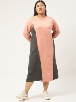 theRebelinme - Plus Size Women Pink and Charcoal Color Block A-Line Knitted Dress