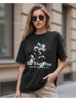 Bewakoof - Women's Black Be The Vibe Graphic Printed Oversized Acid Wash T-shirt