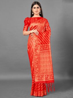 Akhilam - Womens Silk Blend Red Woven Design Designer Saree with Unstitched Blouse