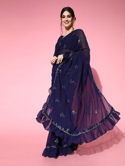 Tikhi Imli - Blue Poly Georgette Mirror Work Ruffle Saree with Unstitched Blouse