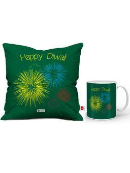 Indigifts - Green Happy Diwali Quote Cushion & Mug