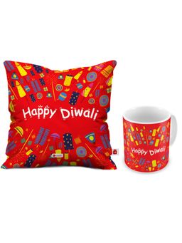 Indigifts - Happy Diwali Quote Red Cushion & Mug