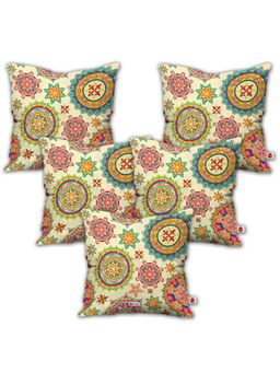 Indigifts - Colorful Rangoli White Print Cushions (Pack Of 5)