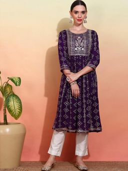 Gahan - Rayon Heavy Yoke Embroidered Gota Lace Foil Printed Purple Side Tie Kurta
