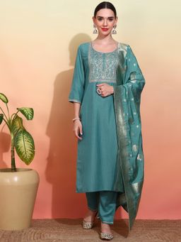 Gahan - Chinon Yoke Thread Work Embroidered Teal Kurta with Pant & Brocade Dupatta (Set of 3)