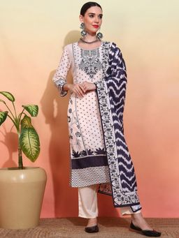 Gahan - Muslin Printed Embellished Lace Work Off White Kurta with Pant & Dupatta (Set of 3)