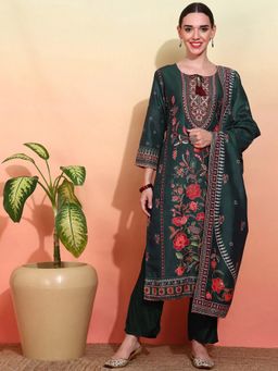 Gahan - Muslin Floral Printed Embellished Green Kurta with Tassel Pant & Dupatta (Set of 3)