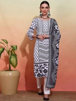Gahan - Muslin Printed Embellished Lace Work Monochrome Kurta with Pant & Dupatta (Set of 3)