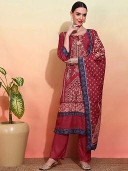 Gahan - Muslin Floral Printed Embellished Maroon Kurta with Tassel Pant & Dupatta (Set of 3)