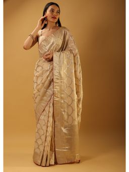 KALKI FASHION - Cream Saree In Organza with Woven Scallop Jaal with Unstitched Blouse