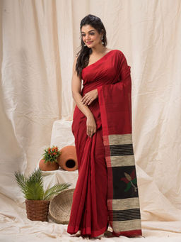 Angoshobha - Maroon Cotton Blended Traditional Jamdani Saree with Unstitched Blouse