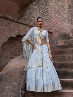 Preevin - Ice Blue Big Border Lehenga With Stitched Blouse And Dupatta