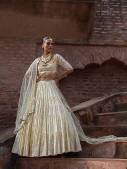 Preevin - Lemon Big Border Lehenga With Stitched Blouse And Dupatta