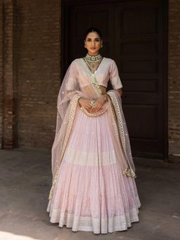 Preevin - Onion Pink Big Border Lehenga With Stitched Blouse And Dupatta
