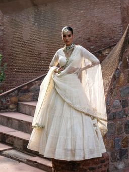 Preevin - Gold And Off White Big Border Lehenga With Stitched Blouse And Dupatta