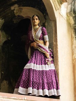 Preevin - Wine Big Border Lehenga With Stitched Blouse And Dupatta