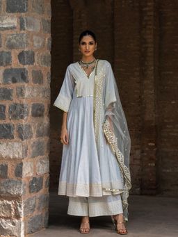Preevin - Big Border Ice Blue Anarkali with Pant and Dupatta