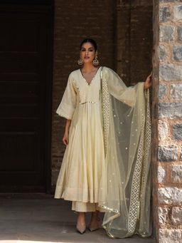 Preevin - Big Border Lemon Anarkali with Pant and Dupatta