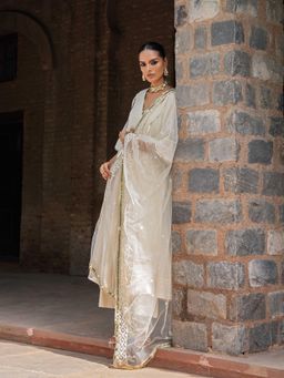 Preevin - Off White Big Border Anarkali with Pant and Dupatta