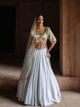 Preevin - Golden Fringe Ice Blue Lehenga With Stitched Blouse And Dupatta