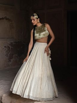 Preevin - Gold And Off White Fringe Lehenga With Stitched Blouse And Dupatta