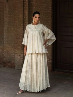 Preevin - Off White All Gathers Forest Embroidered Top With Skirt