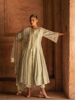 Preevin - Forest Mint Anarkali with Pant and Dupatta