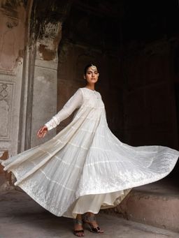 Preevin - Off White 8 Layer Forest All Over Embraided Anarkali with Dupatta