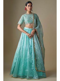 Neha Khullar - Blue Tissue Dori Embroidered Lehenga with Stitched Blouse and Dupatta