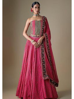 Neha Khullar - Fuchsia Viscose Silk Zari Lehenga with Stitched Blouse and Dupatta