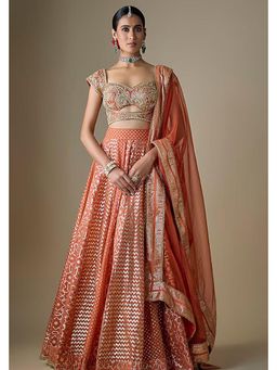 Neha Khullar - Rust Banarasi Chanderi Embroidered Lehenga with Stitched Blouse and Dupatta