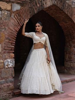 Preevin - Gold Circle And Off White Line Lehenga With Stitched Blouse And Dupatta