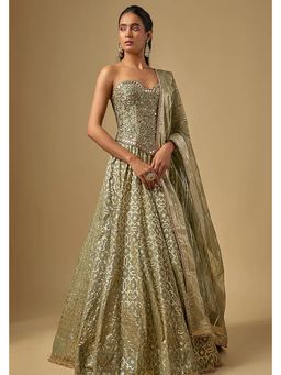 Neha Khullar - Mint Green Banarasi Chanderi Corset Lehenga with Stitched Blouse and Dupatta
