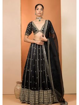Neha Khullar - Black Silk Organza Hand Embroidered Lehenga With Stitched Blouse and Dupatta