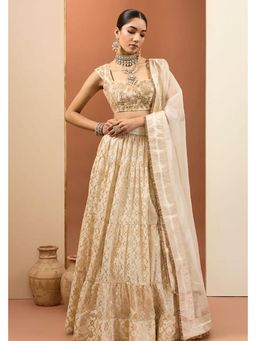 Neha Khullar - Ivory Banarasi Chanderi Embroidered Lehenga with Stitched Blouse and Dupatta