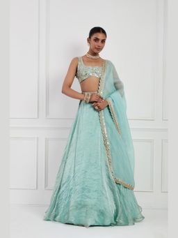 Neha Khullar - Sky Blue Tissue Silk Lehenga with Stitched Blouse and Dupatta