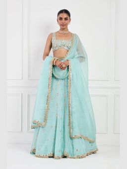 Neha Khullar - Sky Blue Lehenga with Stitched Blouse and Dupatta