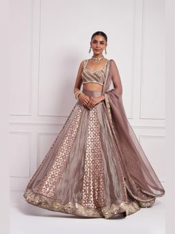 Neha Khullar - Mocha Mouse Lehenga with Stitched Blouse and Dupatta