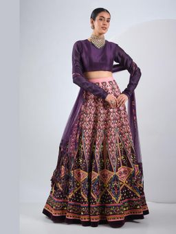 Neha Khullar - Deep Purple Lehenga with Stitched Blouse and Dupatta