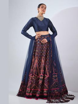 Neha Khullar - Navy Blue Lehenga with Stitched Blouse and Dupatta