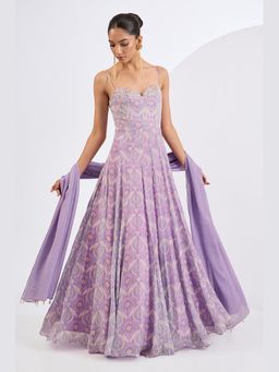 Neha Khullar - Printed Chinon Chiffon Ivory Lehenga with Stitched Blouse and Dupatta