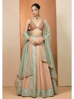 Neha Khullar - Peach And Mint Green Lehenga with Stitched Blouse and Dupatta