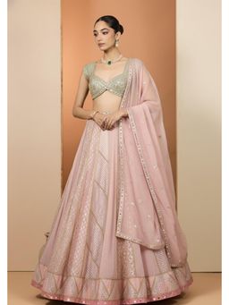 Neha Khullar - Pink And Mint Green Lehenga with Stitched Blouse and Dupatta