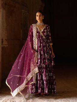 Preevin - Wine Double Layer Sunflower Embroidered Lehenga With Kurta And Dupatta