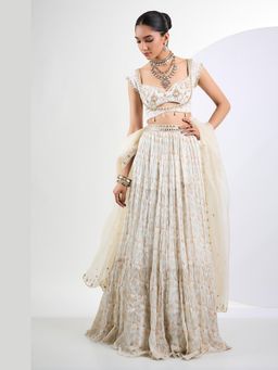 Neha Khullar - Printed Chiffon Ivory Lehenga with Stitched Blouse and Dupatta