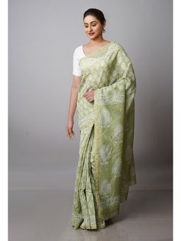 Unnati Silks - Pale Green Pure Block Printed Chanderi Sico Saree with Unstitched Blouse