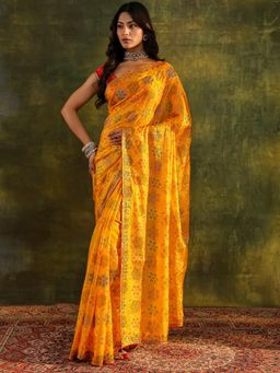Libas - Mustard Bandhani Printed Saree with Unstitched Blouse